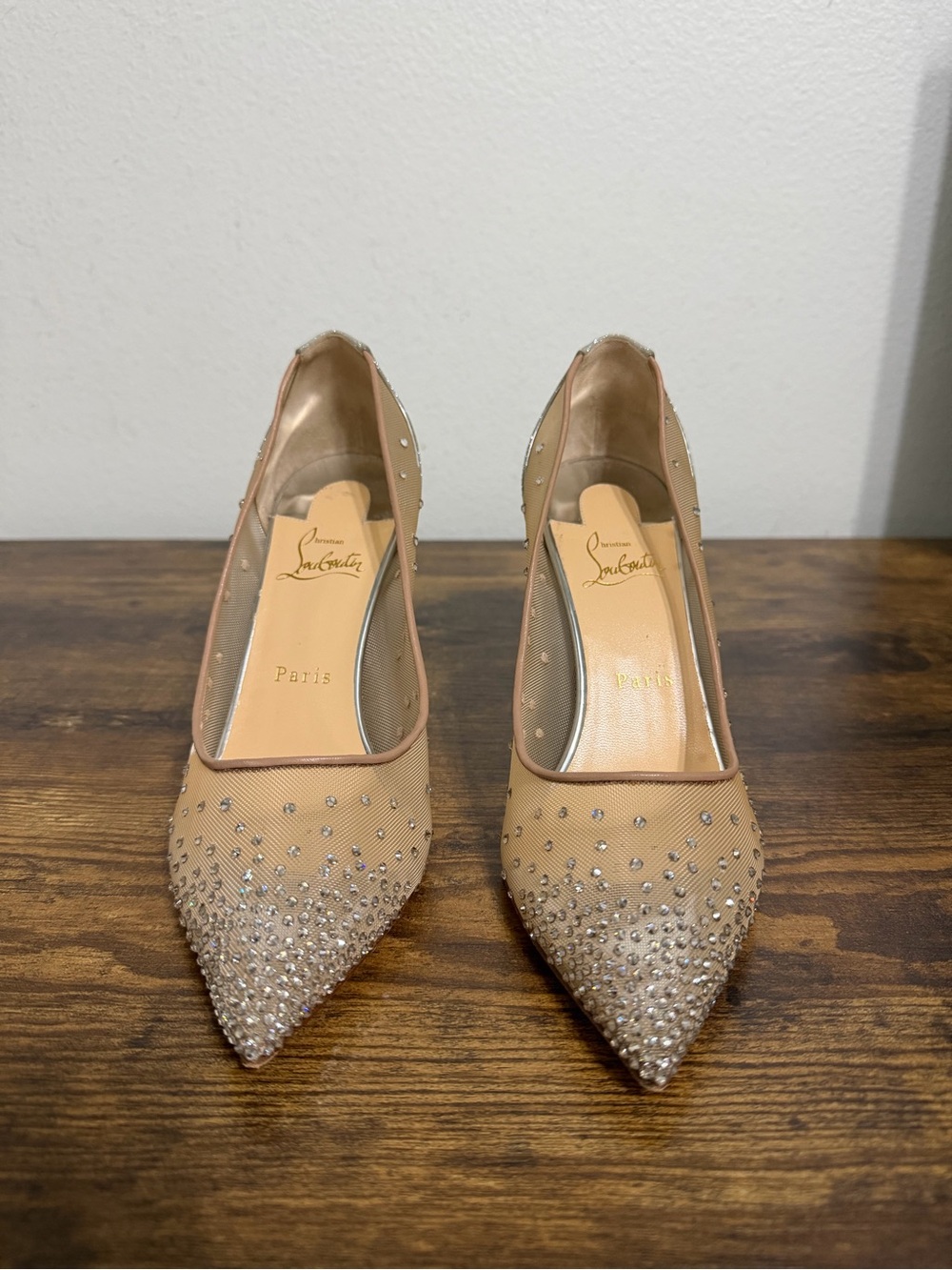Christian Louboutin Nude Crystal-Embellished Pointed-Toe Heels